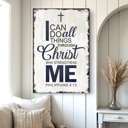 Philippians 4:13 Bold Navy Type Distressed-Look canvas shown in a styled room setting, view 2