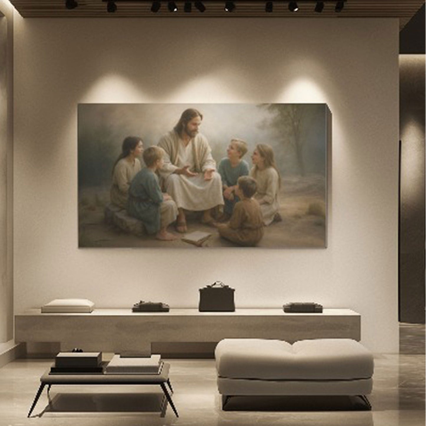 Jesus with Children faith canvas wall art with a gentle heartfelt scene, ready to hang