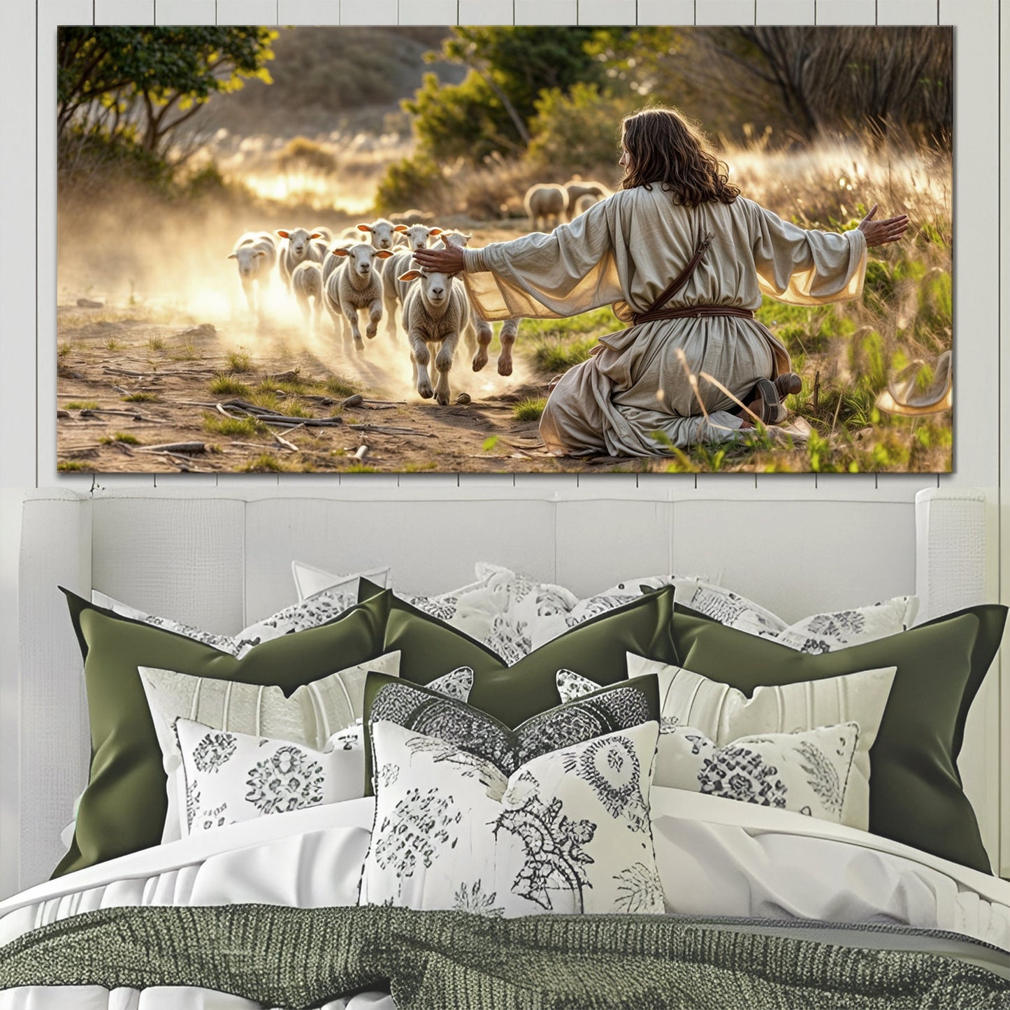 Christian canvas Jesus protects sheep from wolves dramatic pastoral faith art