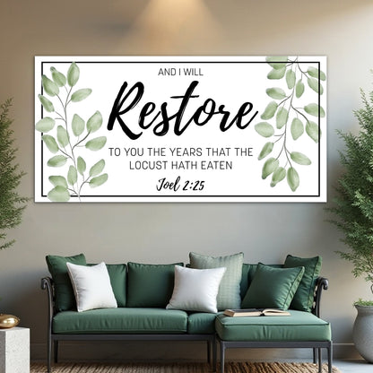 Joel 2:25 Restore Bold Script Bordered canvas shown in a styled room setting, view 4