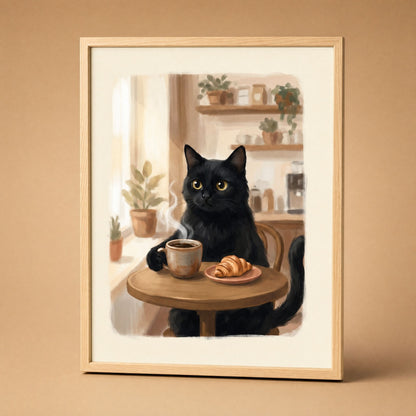 Coffee wall art of a black cat with a coffee cup and croissant, framed in natural wood on a warm clay background