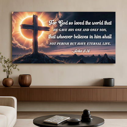 Weathered wooden cross before a glowing eclipse on a mountain peak with John 3:16 in white script