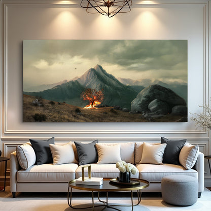 Burning Bush faith canvas wall art with deep glowing color, ready to hang