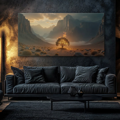 Burning bush canvas wall art with rich glowing colors for biblical faith decor