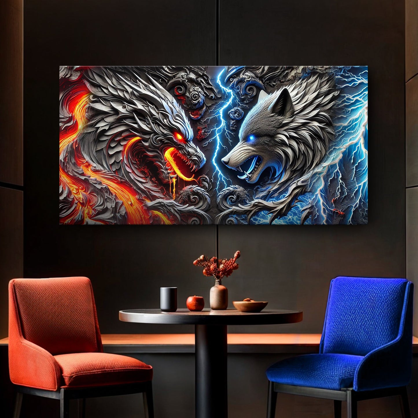 3D dragon and wolf canvas wall art design four