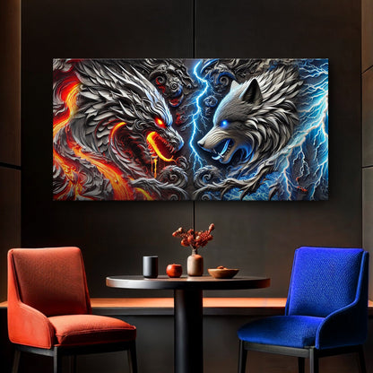 3D dragon and wolf canvas wall art design four