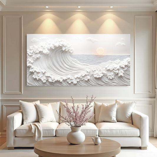 Abstract ocean waves canvas wall art in soft blue tones, ready to hang