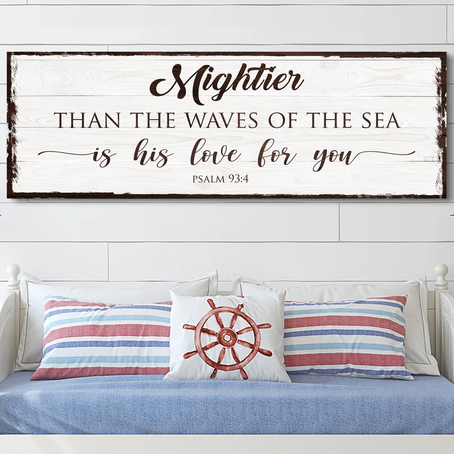 Mightier Than the Waves Psalm 93:4 faith canvas wall art with coastal tones, ready to hang