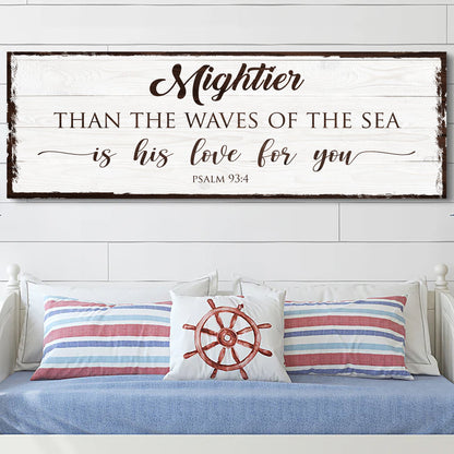 Mightier Than the Waves Psalm 93:4 faith canvas wall art with coastal tones, ready to hang