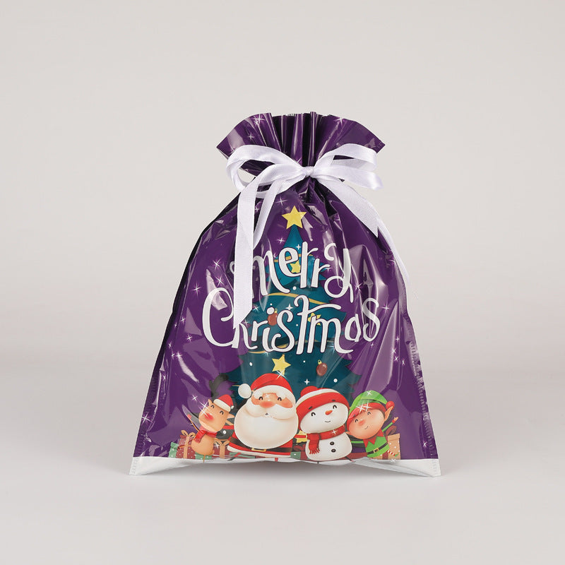 Purple Christmas gift bag with Santa Claus, snowman, and reindeer design on a white background