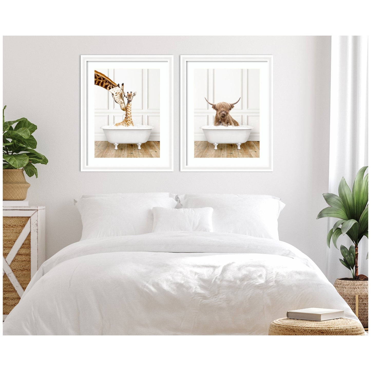 Highland Cow and Giraffe in Bathtub 2 Piece Framed Canvas Art Set