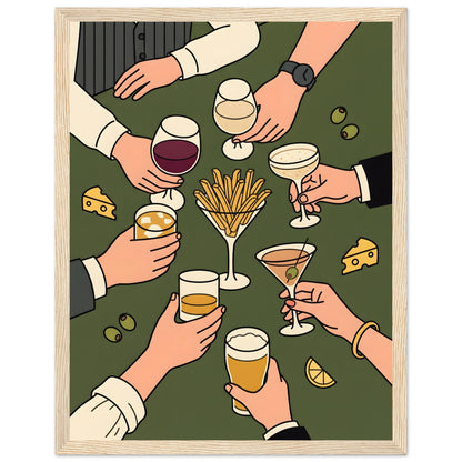 Retro Cocktail Table Art, Framed Bar Cart Decor - 27x35 cm / 11x14″ - Wood frame / Ready-to-hang - Sparkycare