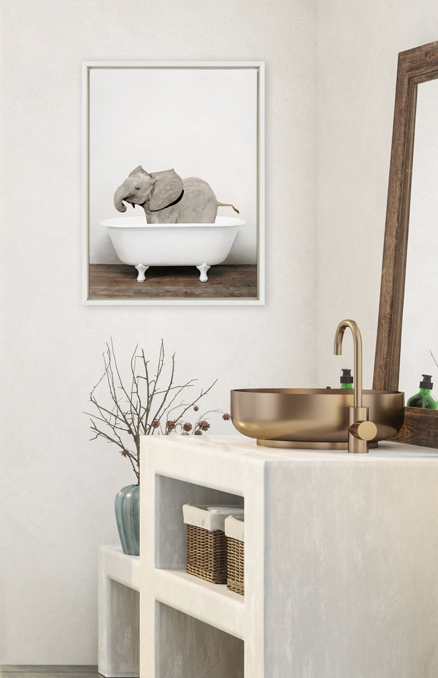 Baby Elephant in the Tub Framed Canvas Wall Art