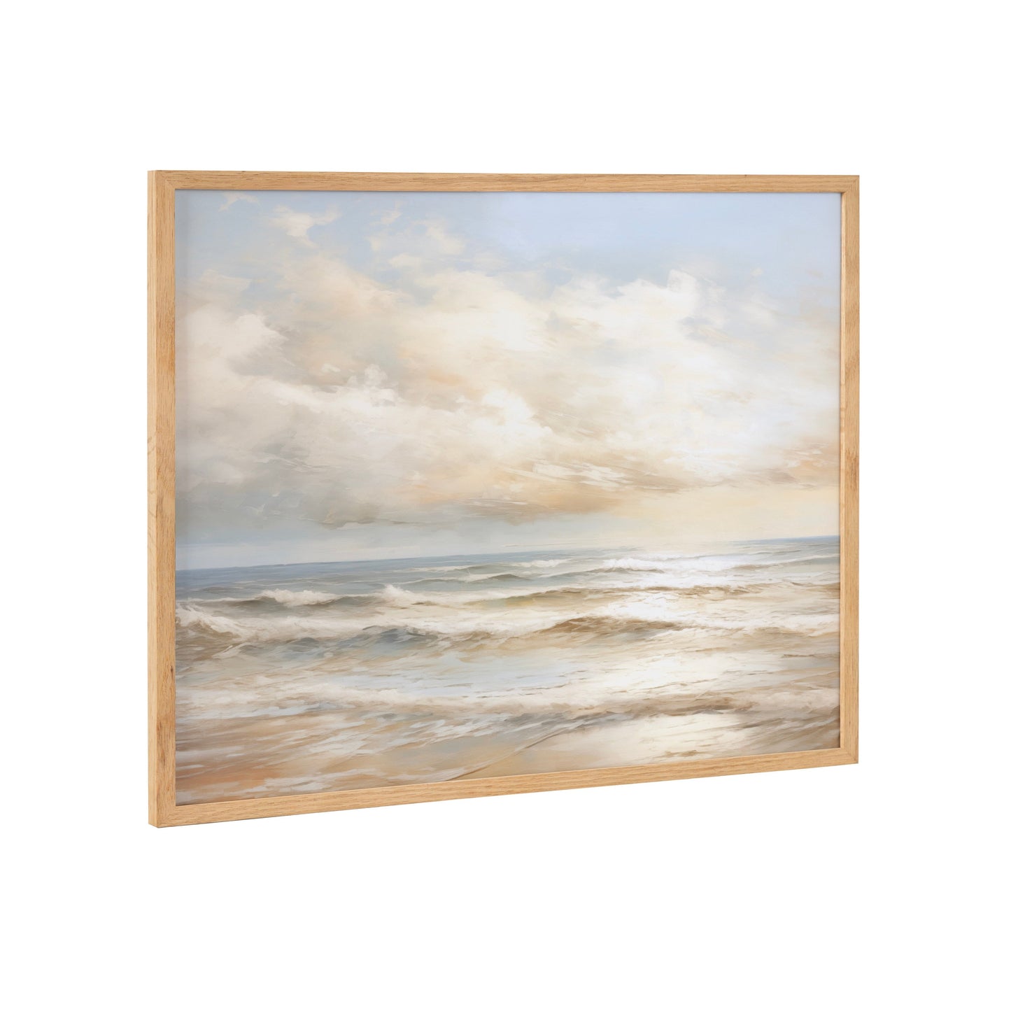 Beach waves rolling in under a warm cloud-streaked sunset in a wood frame