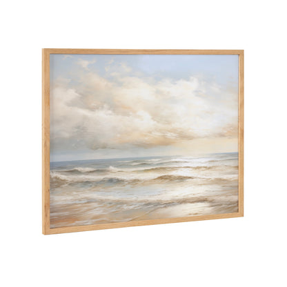 Beach waves rolling in under a warm cloud-streaked sunset in a wood frame