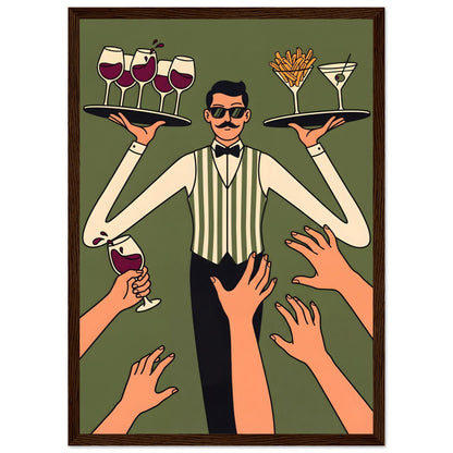 Retro Waiter Bar Art, Framed Server Wall Decor - A3 (29.7 x 42 cm) - Dark wood frame / Ready-to-hang - Sparkycare