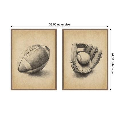 Vintage Football and Baseball 2 Piece Framed Canvas Set