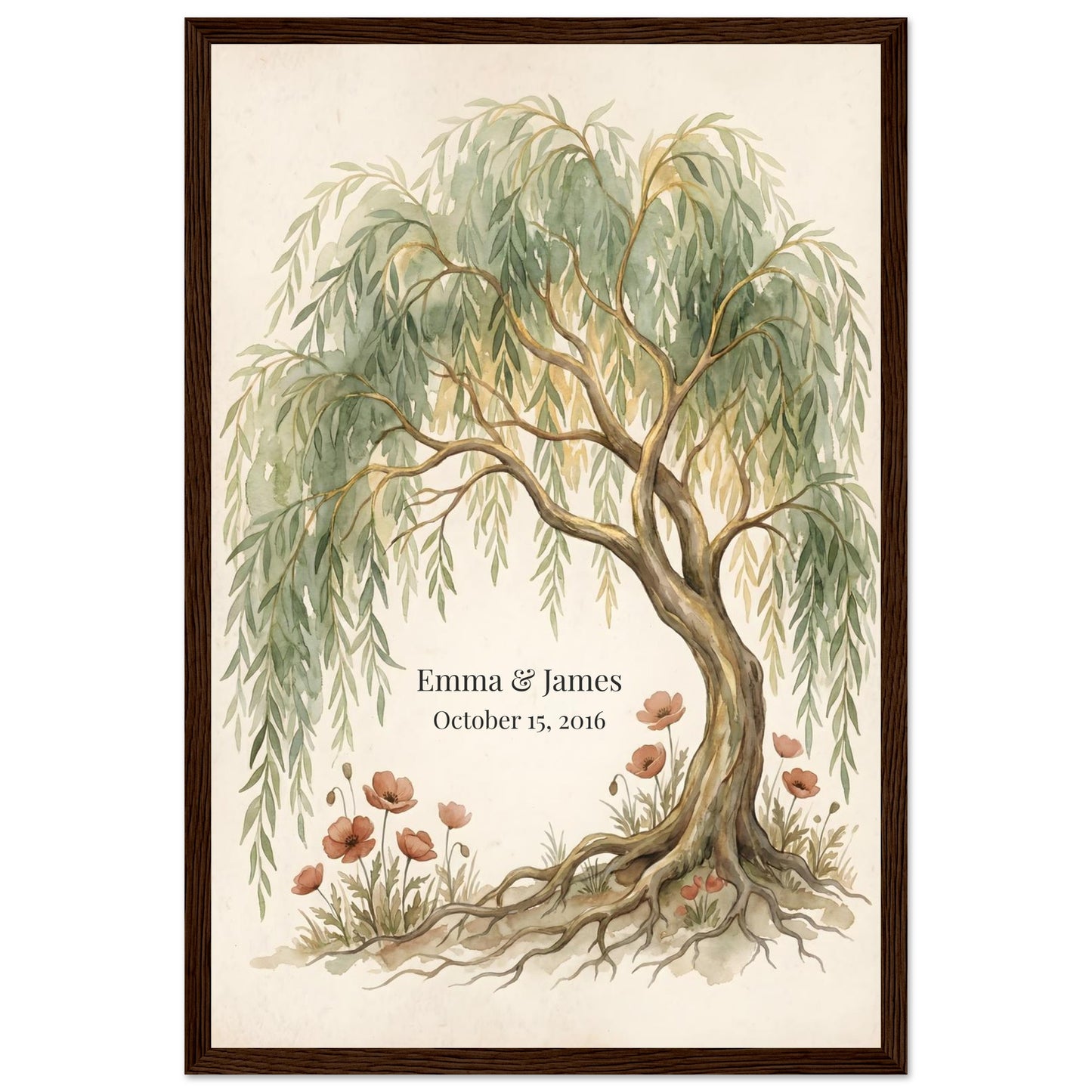 Personalized Willow Tree 9th Anniversary Wall Art - 30x45 cm / 12x18″ - Dark wood frame / Ready-to-hang - Sparkycare