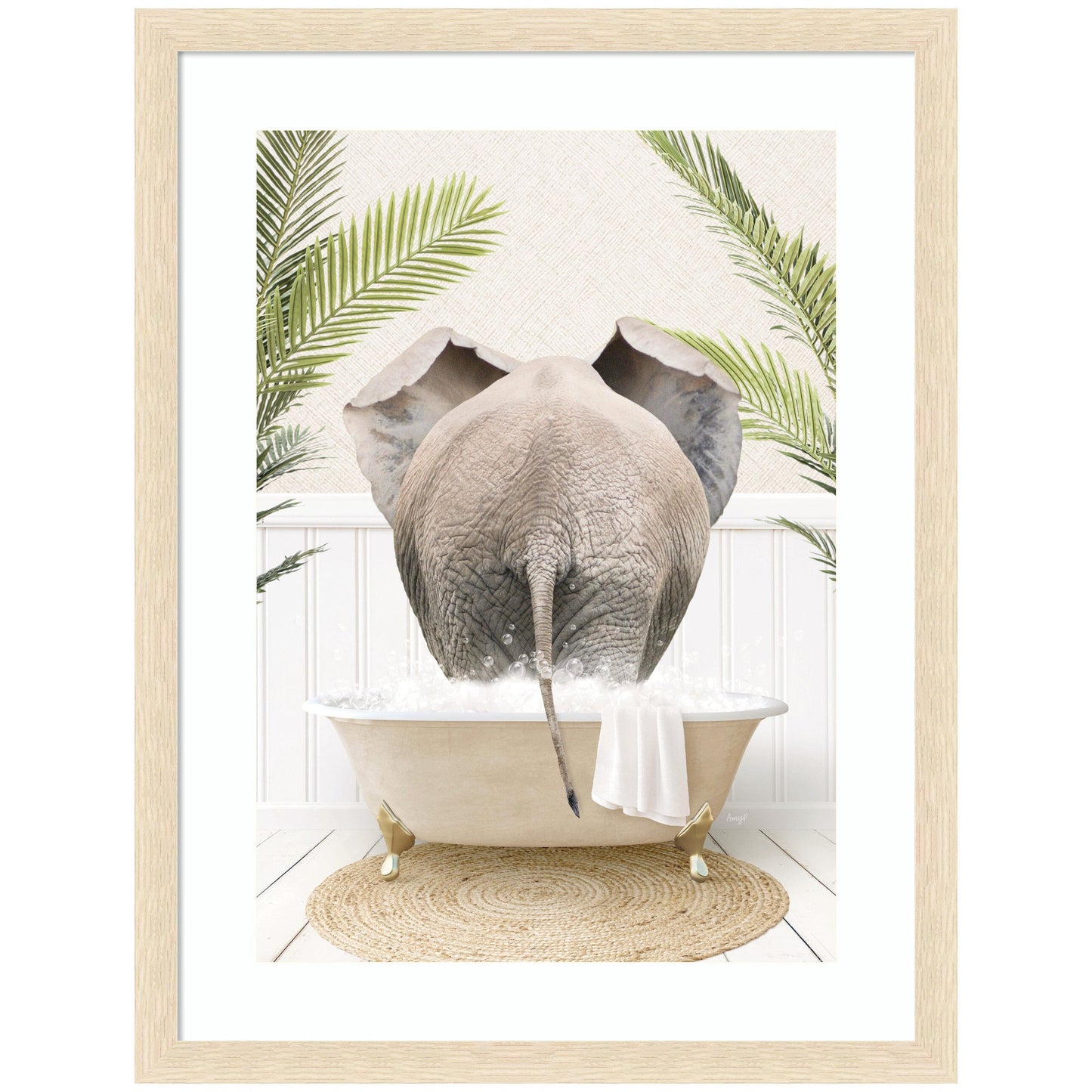 Elephant back in a palm bathtub framed wall art print for a bathroom