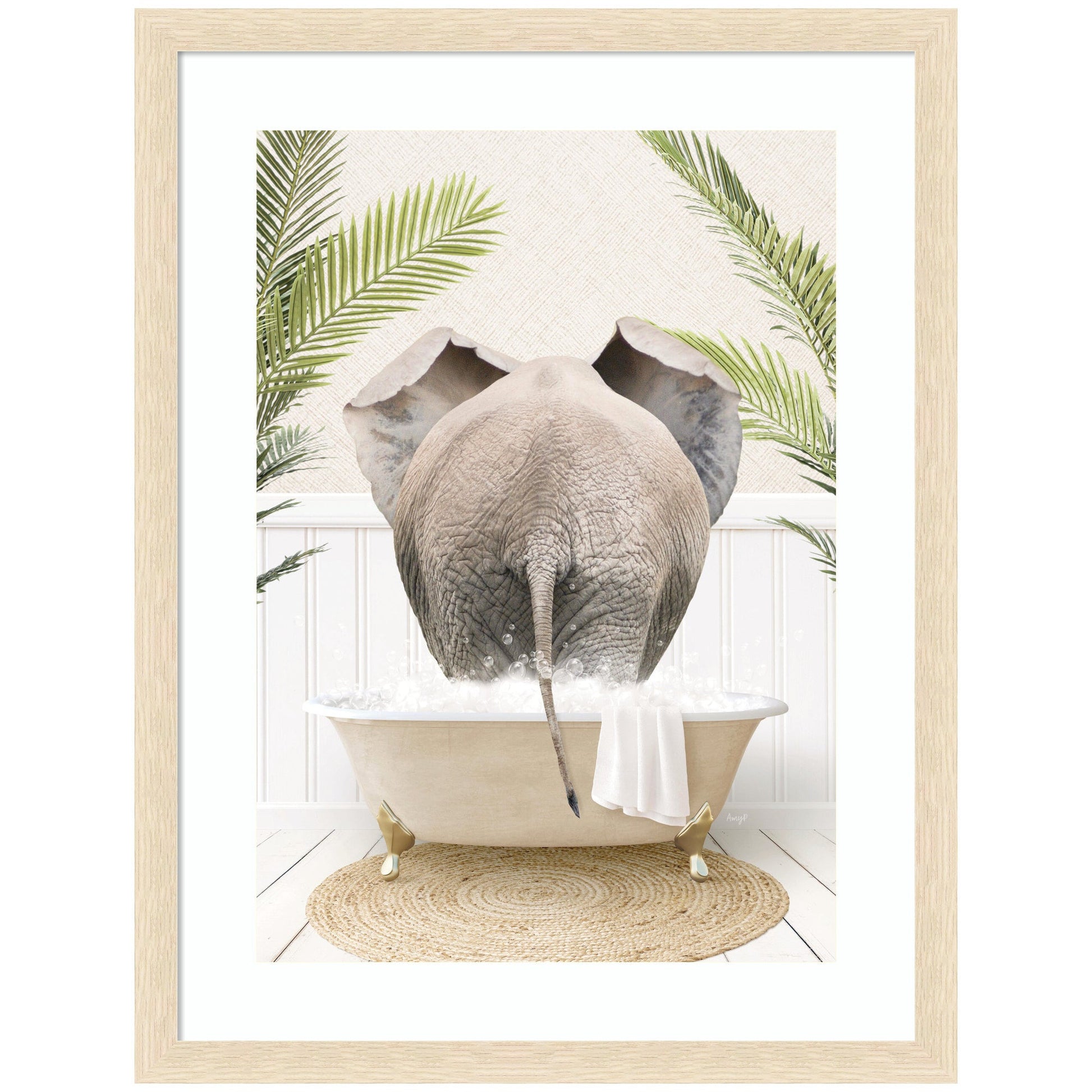 Elephant back in a palm bathtub framed wall art print for a bathroom