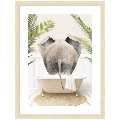 Elephant back in a palm bathtub framed wall art print for a bathroom