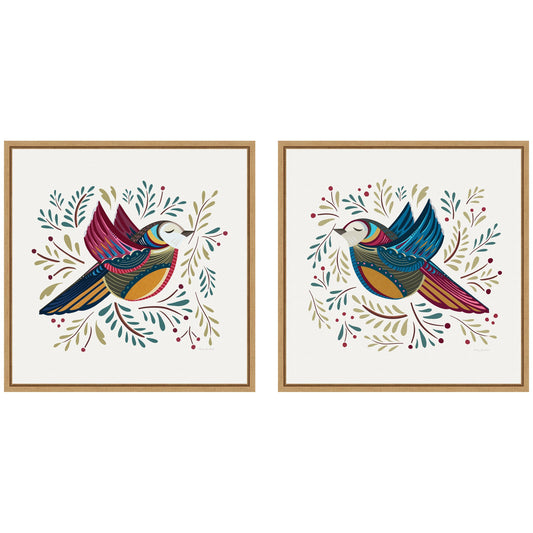 Peace Birds red and blue framed canvas wall art set