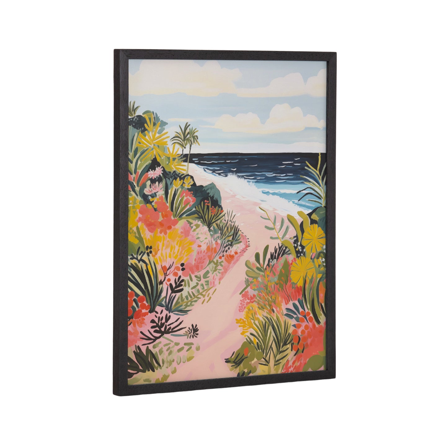 Tropical sandy path opening toward turquoise ocean water in a wood frame