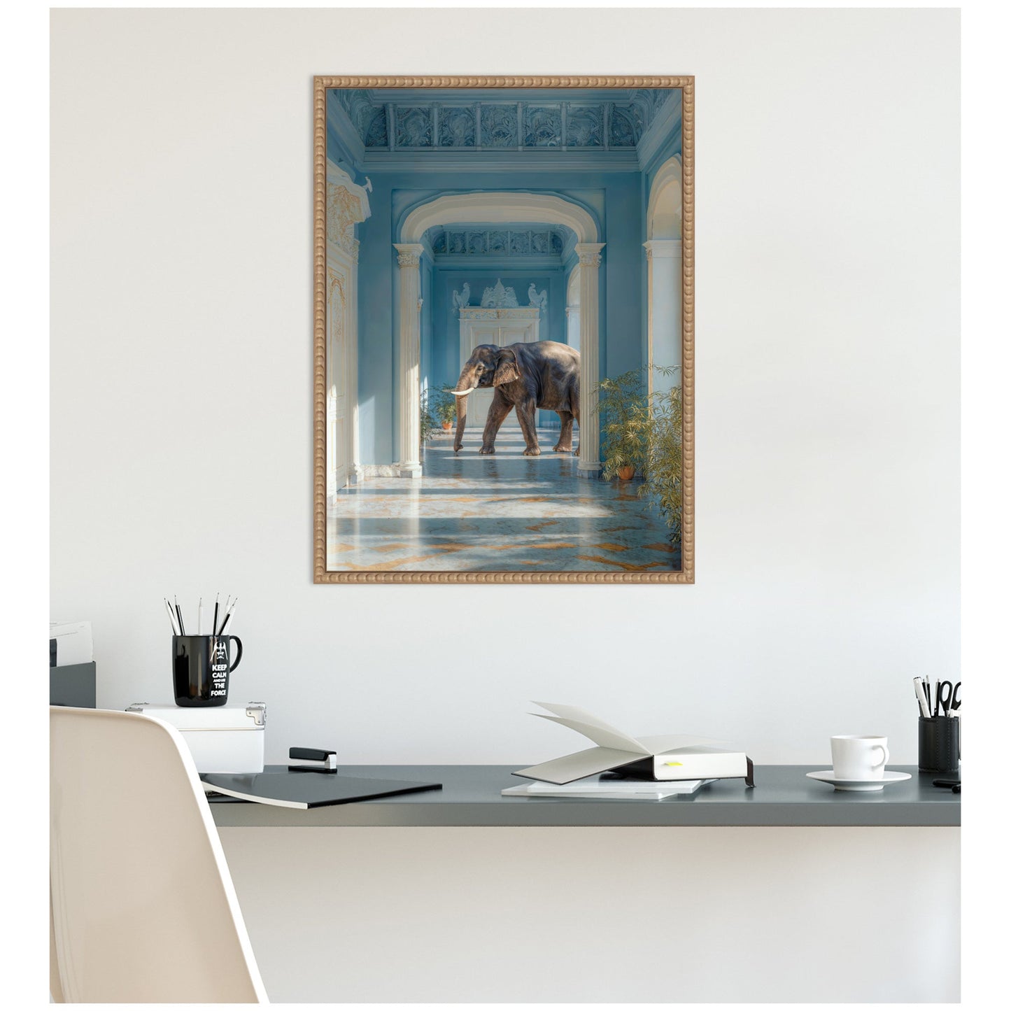 Elephant Strolling Through the Blue Wing Framed Canvas Wall Art