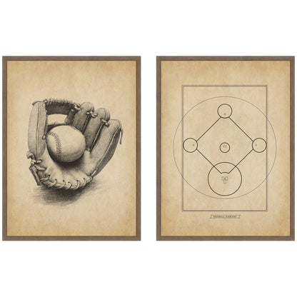 Vintage Baseball 2 Piece Framed Canvas Set