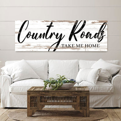 Country Roads Take Me Home canvas wall art with a cozy rustic feel, ready to hang