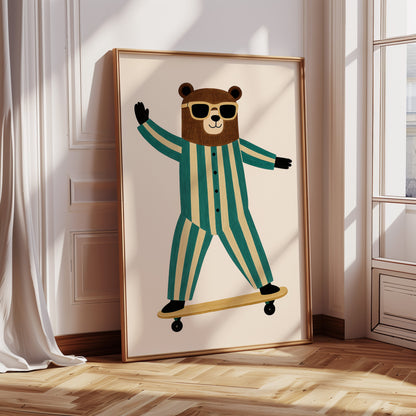 Cool Bear on Skateboard Retro Kids Wall Art