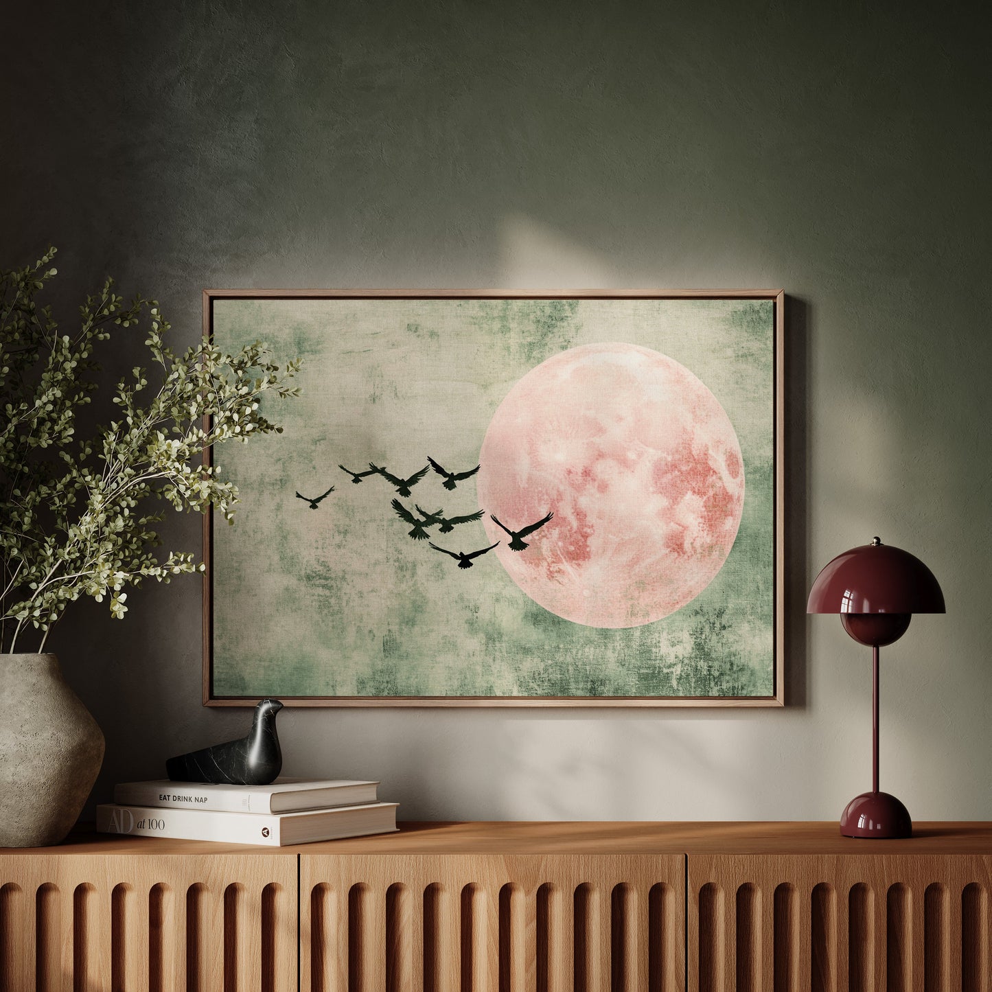 Pink Moon Wall Art - Minimalist Birds in Flight Print