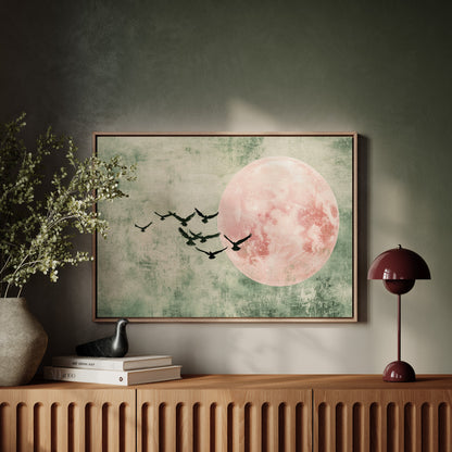 Pink Moon Wall Art - Minimalist Birds in Flight Print