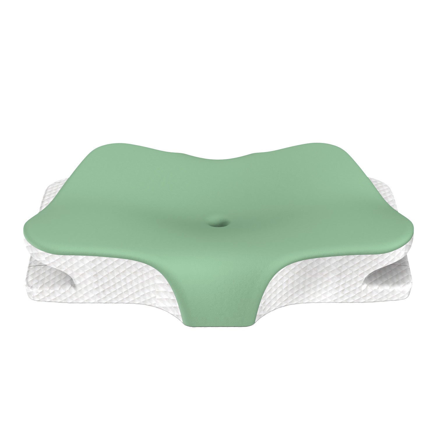 Green foam cervical pillow with textured surface on a white background