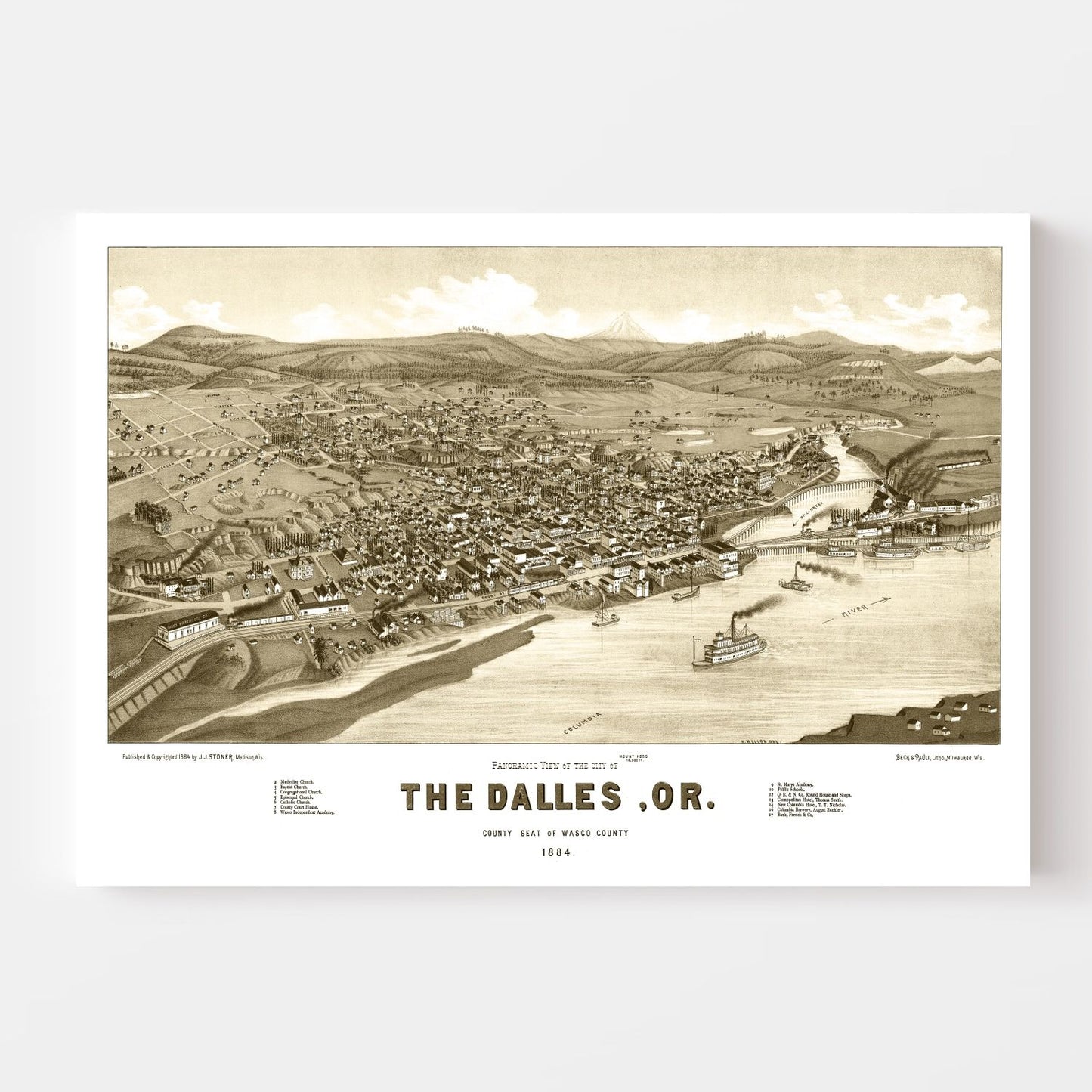 Vintage Map of Dalles, Oregon, 1884