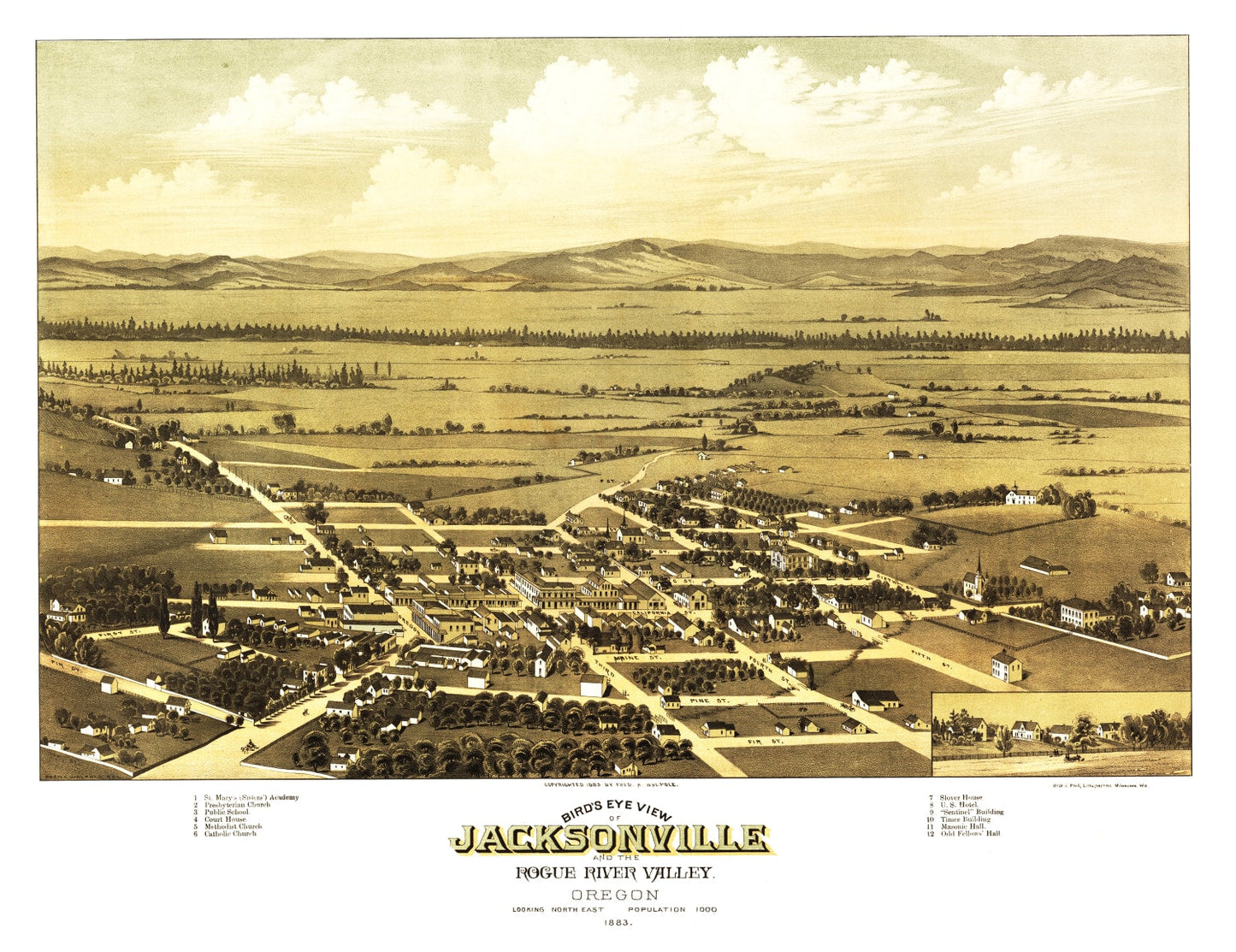 Vintage Map of Jacksonville, Jackson County, Oregon, 1883