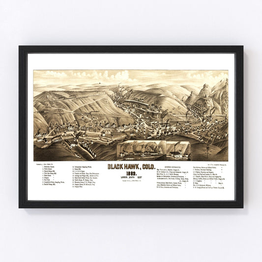 Vintage map of Black Hawk, Colorado, 1882, gold mining town