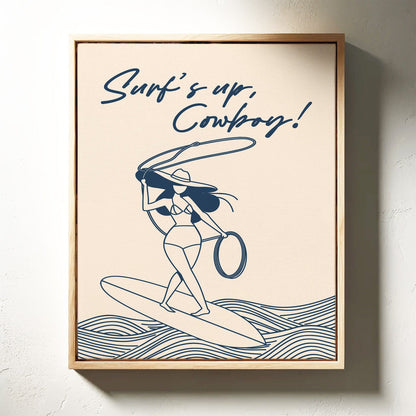 Cowgirl surfing western coastal wall art print in a fun, free-spirited style