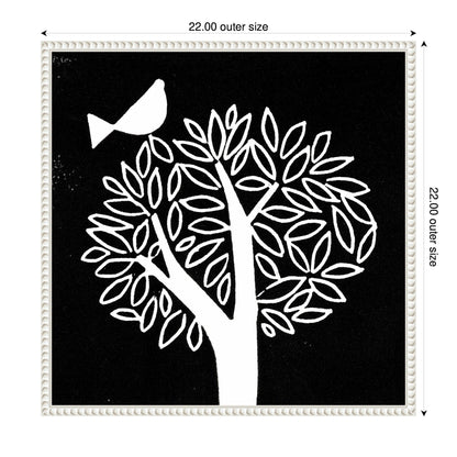 Black and White Bird Tree Linocut Framed Canvas Wall Art