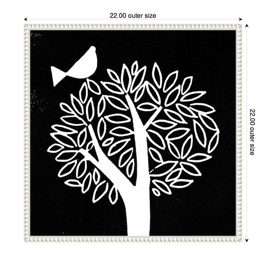Black and White Bird Tree Linocut Framed Canvas Wall Art