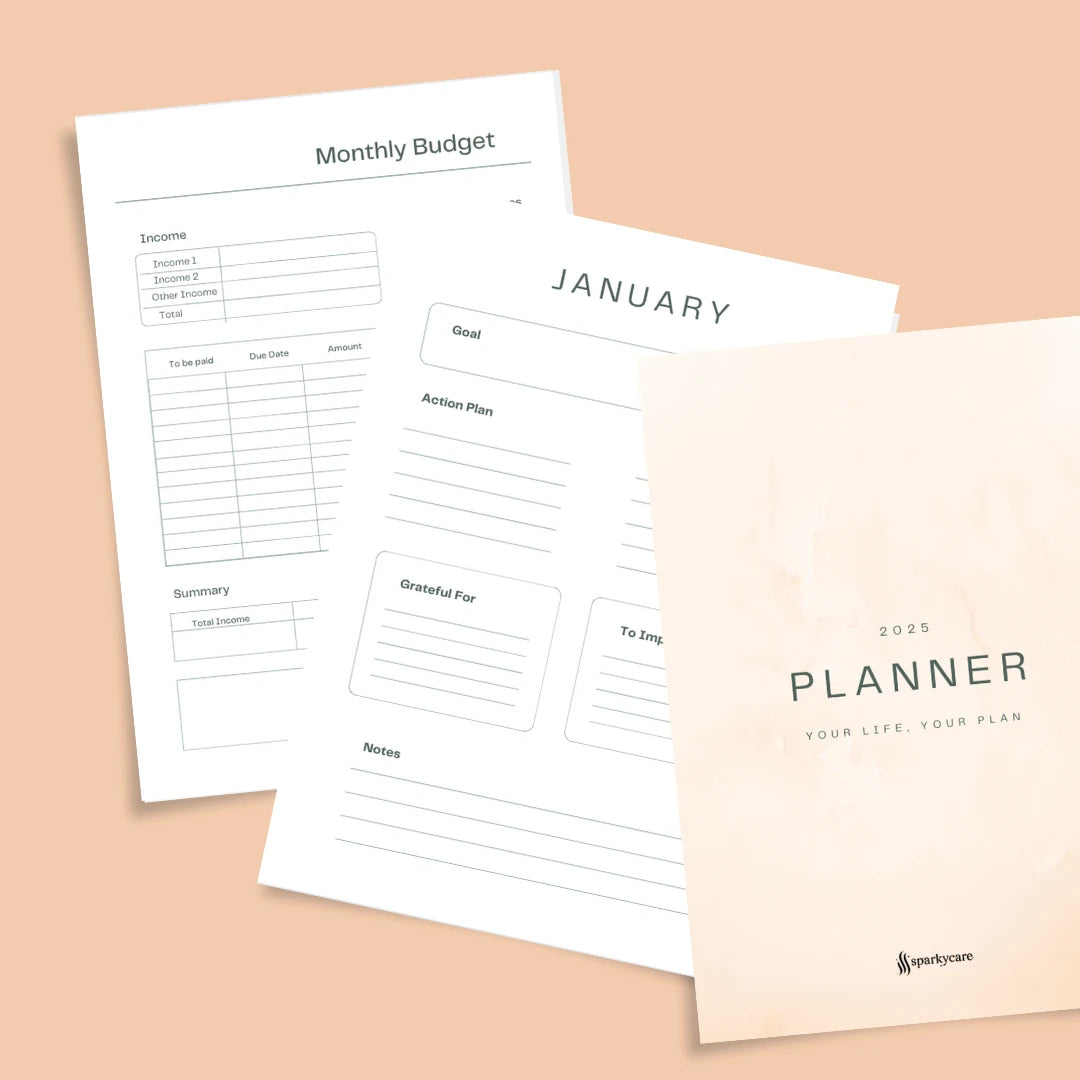 2025 Free Annual Planner with monthly budget and pages on a beige background
