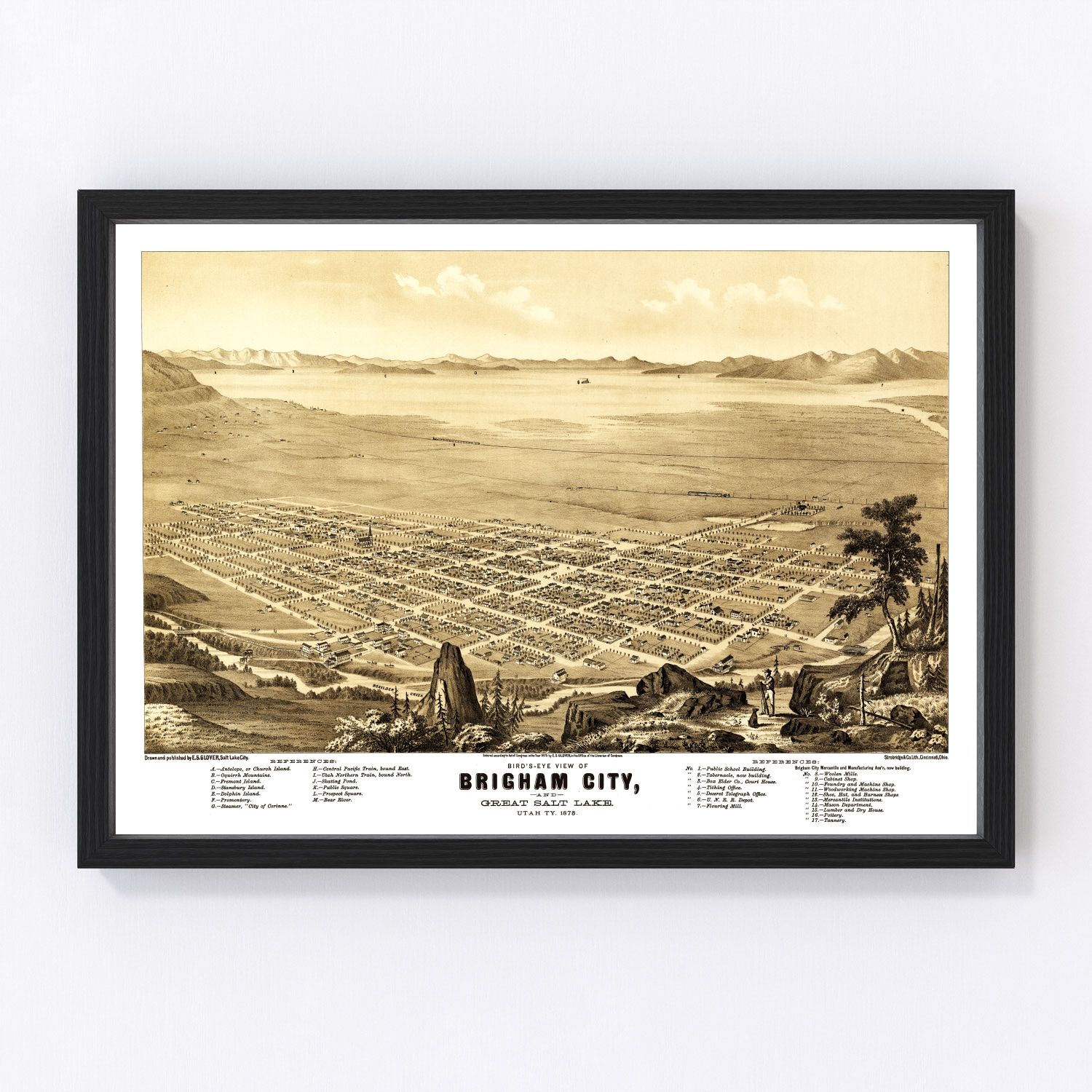 Vintage map of Brigham City, Box Elder County, Utah, 1875, restored print