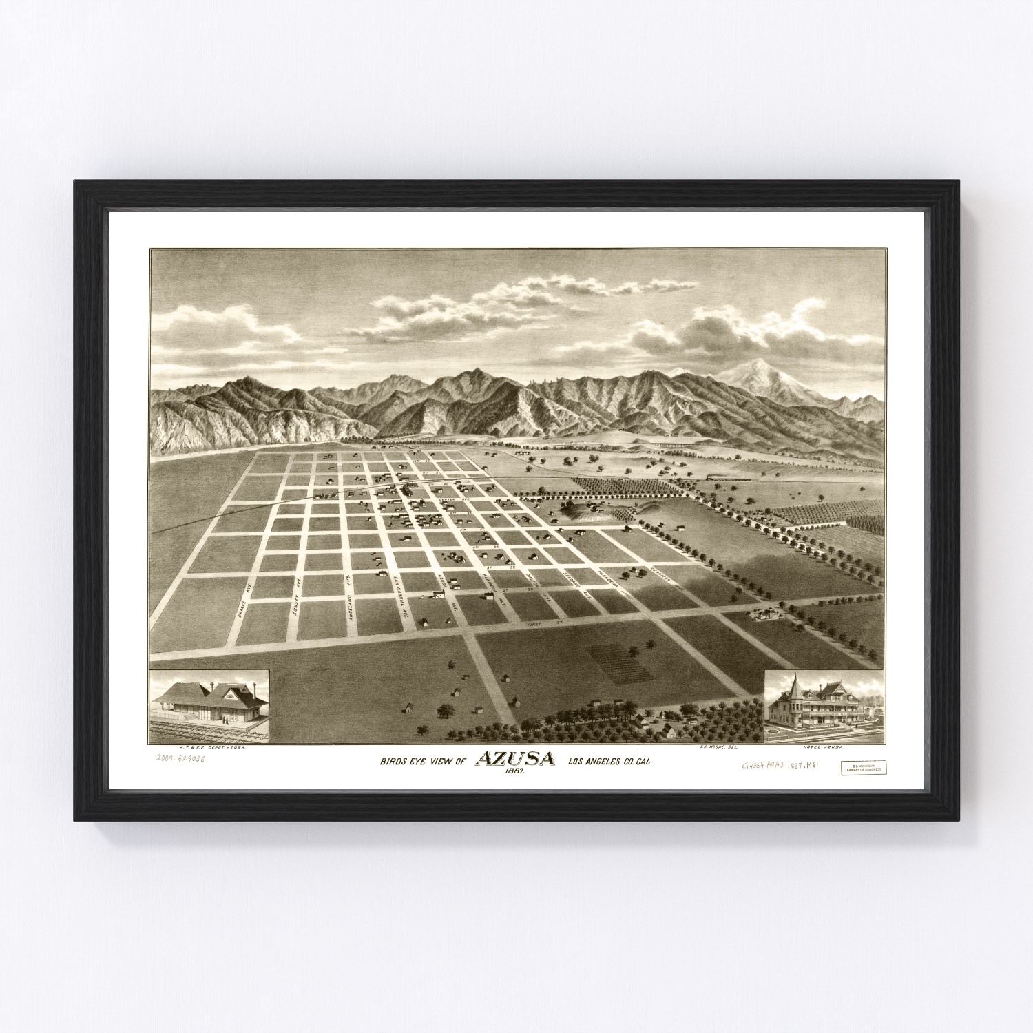 Vintage map of Azusa, California, 1887, Los Angeles County