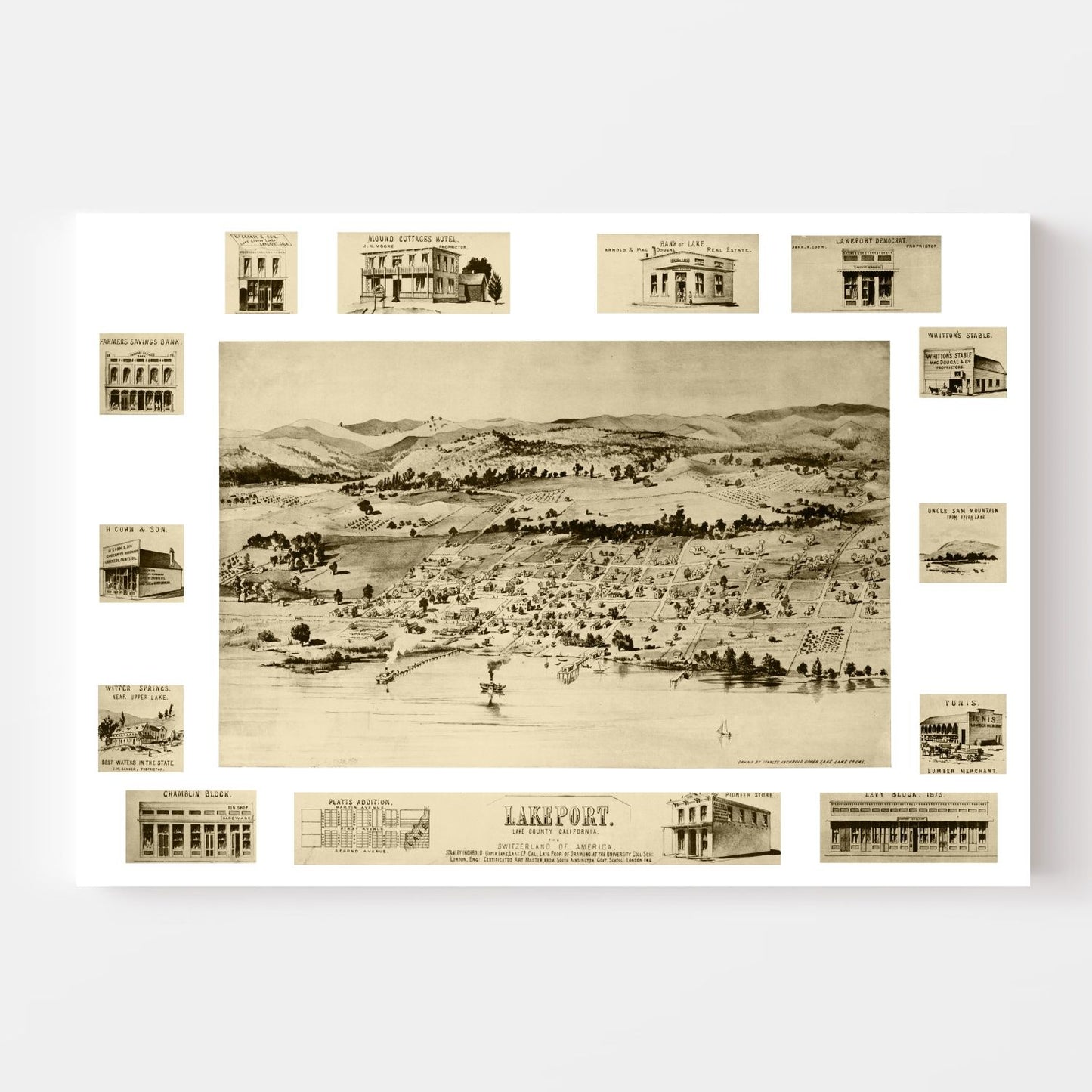 Vintage Map of Lakeport, California, 1888