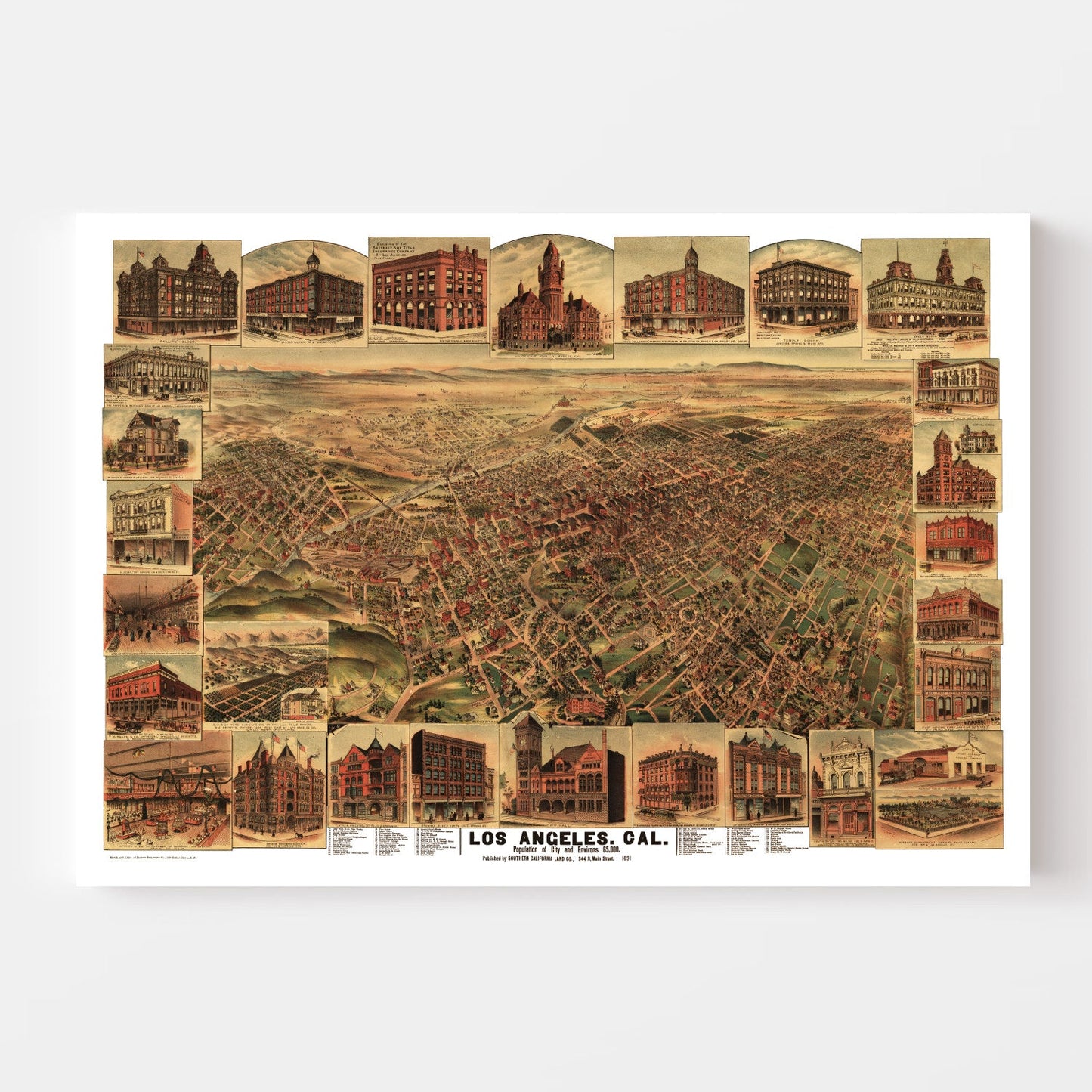 Vintage Map of Los Angeles, California, 1891
