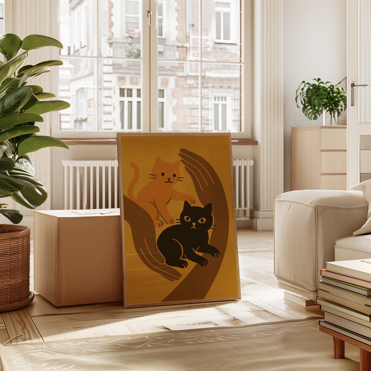 Two Cats Embrace Minimalist Cat Wall Art Print