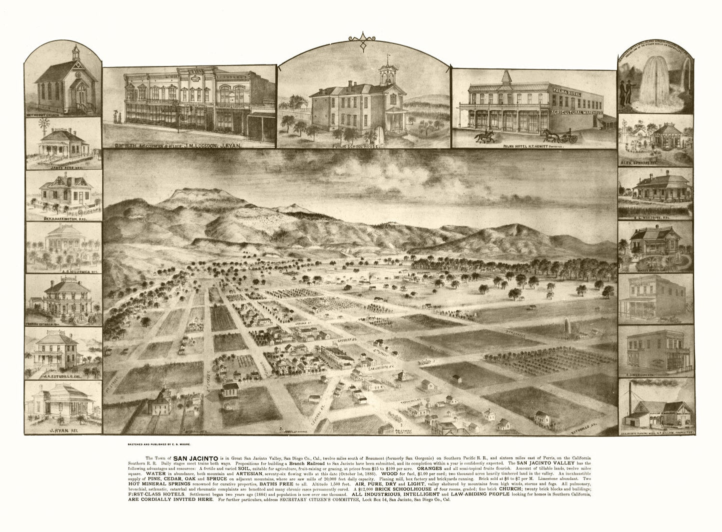 Vintage Map of San Jacinto, California, 1886