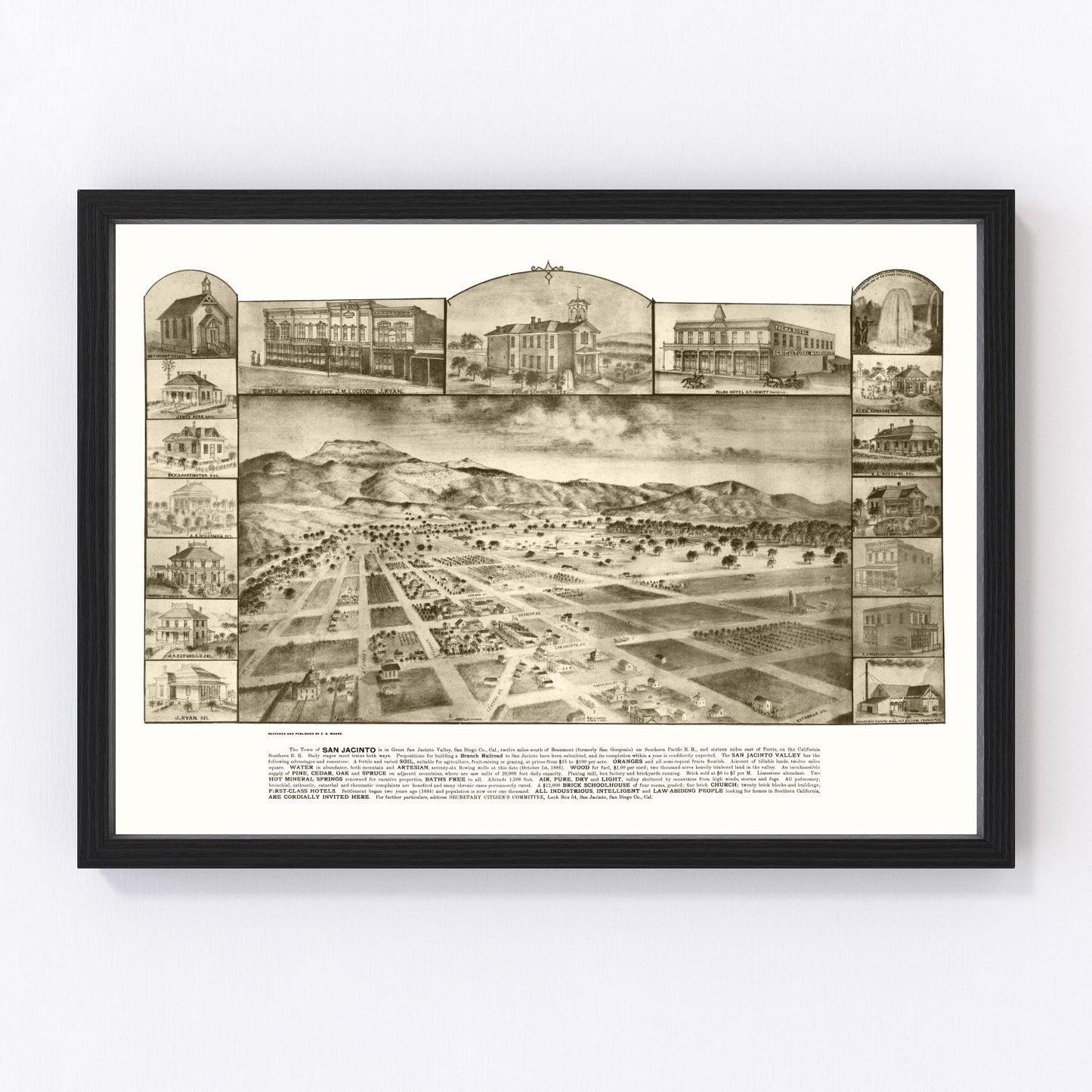 vintage map of San Jacinto, California, 1886, Riverside County valley