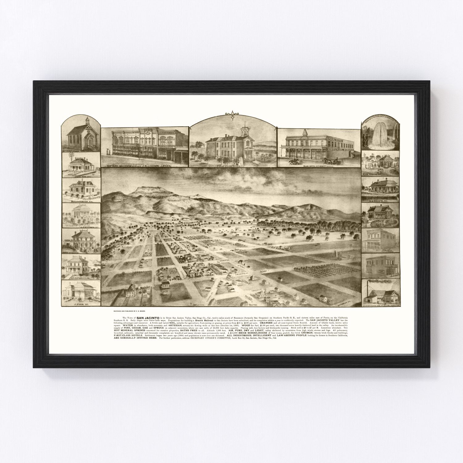 vintage map of San Jacinto, California, 1886, Riverside County valley