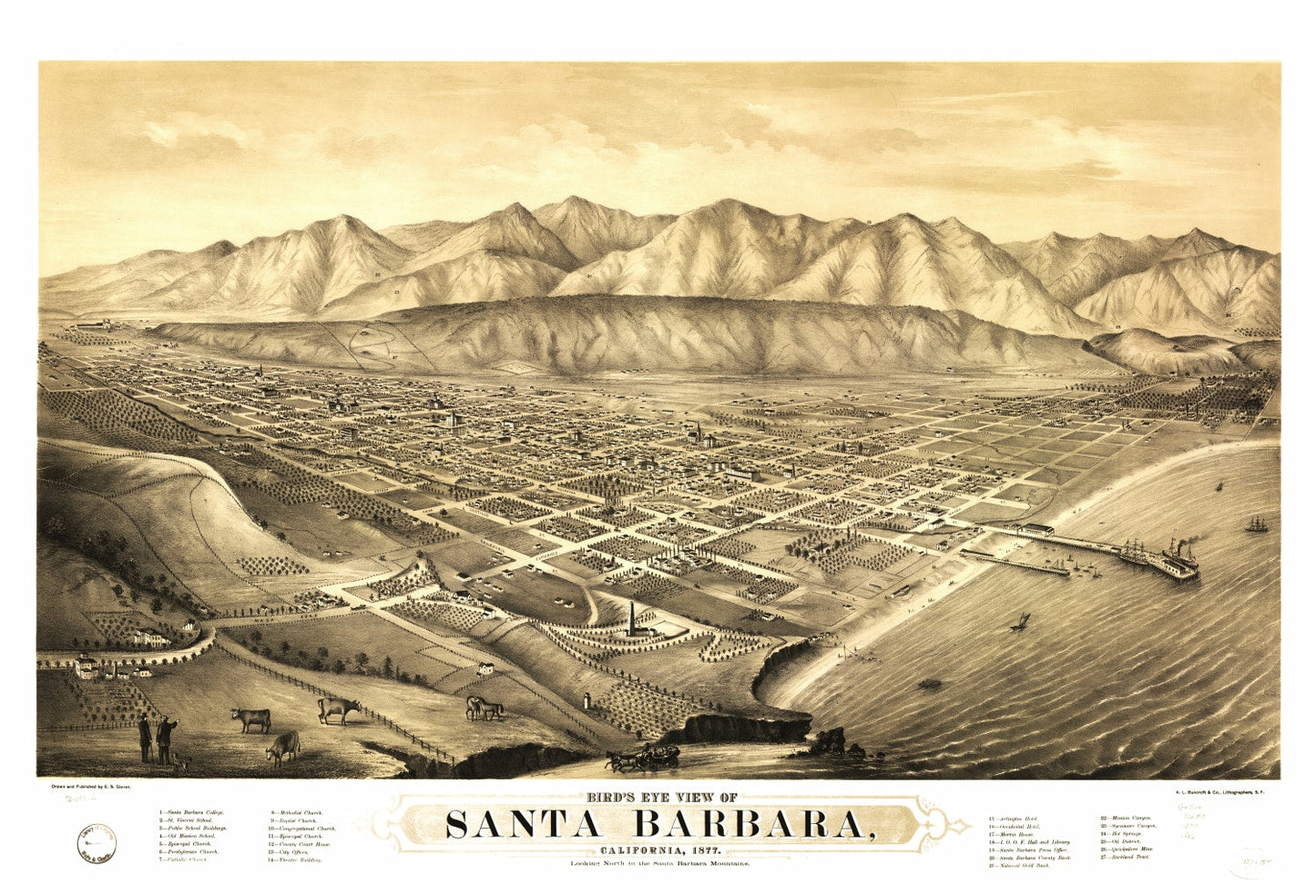 Vintage Map of Santa Barbara, California, 1877 II